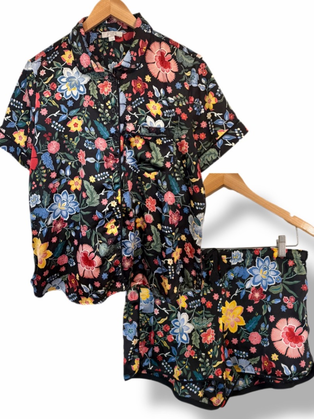 LOFT Sleep Black Floral Button Down Pajama Shorts Set Size L